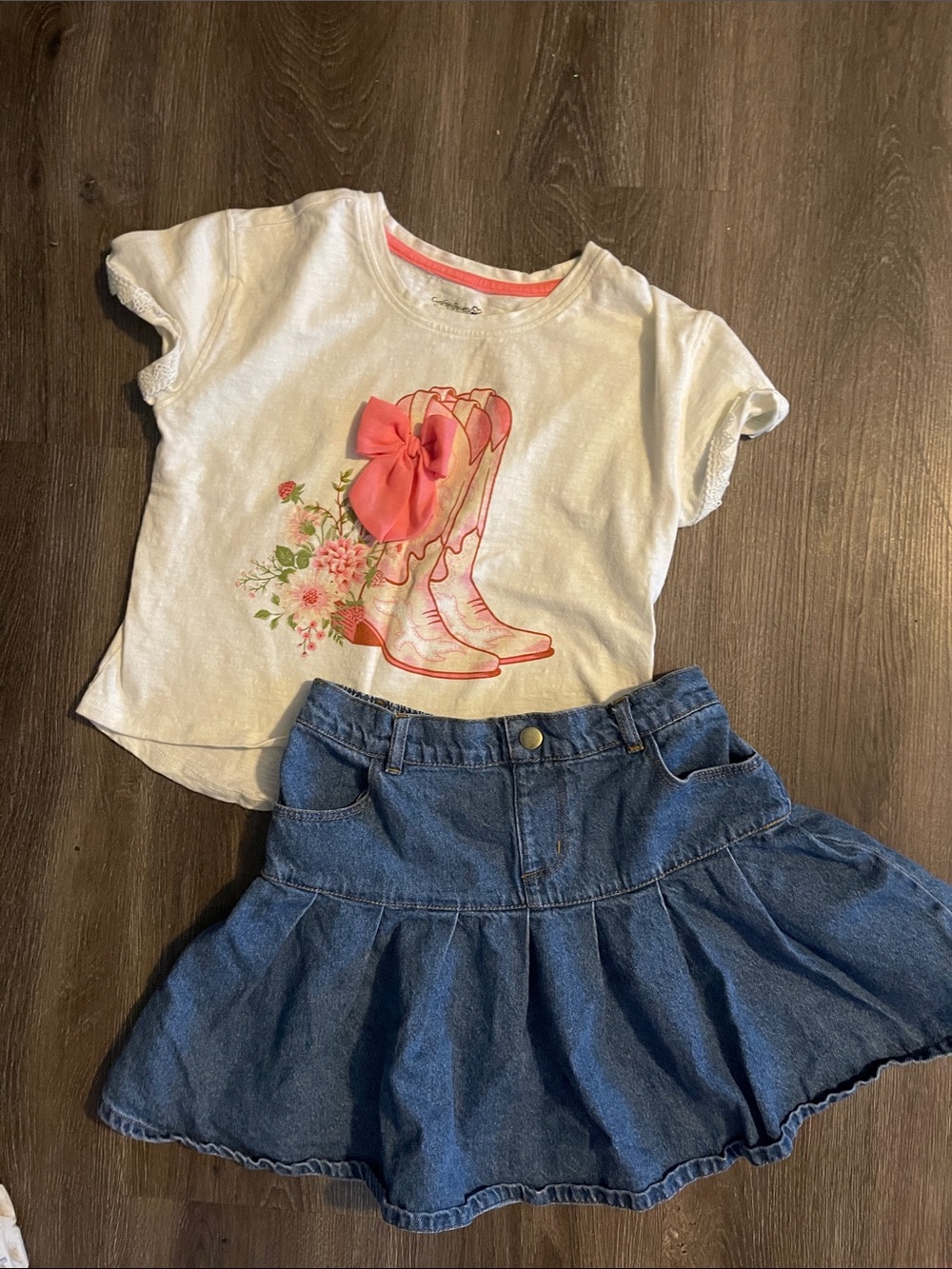 Girls White Tee with Pink Boot Graphic and Bow